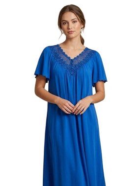 Vintage Shadowline Nightgown Medium Lace V Neck Flutter Short Sleeve Blue Sleep